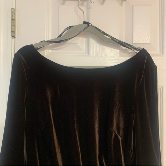 Size 16 Vince Camuto velvet long sleeve Ruched crewneck brown midi dress - Picture 8 of 9
